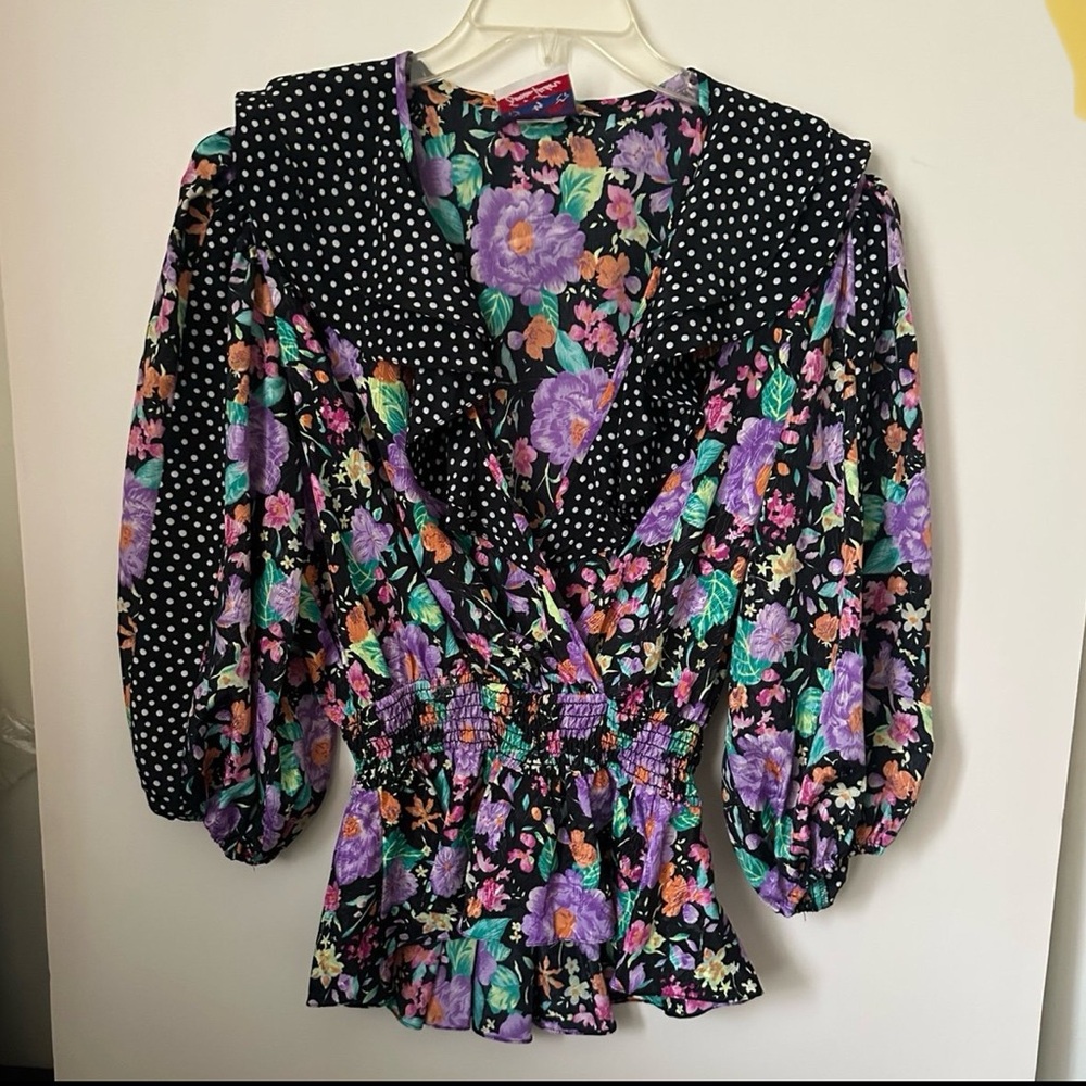 Susan Tudor Vintage Floral & Polka Dot Blouse Ruffled collar Elastic Waist~ L